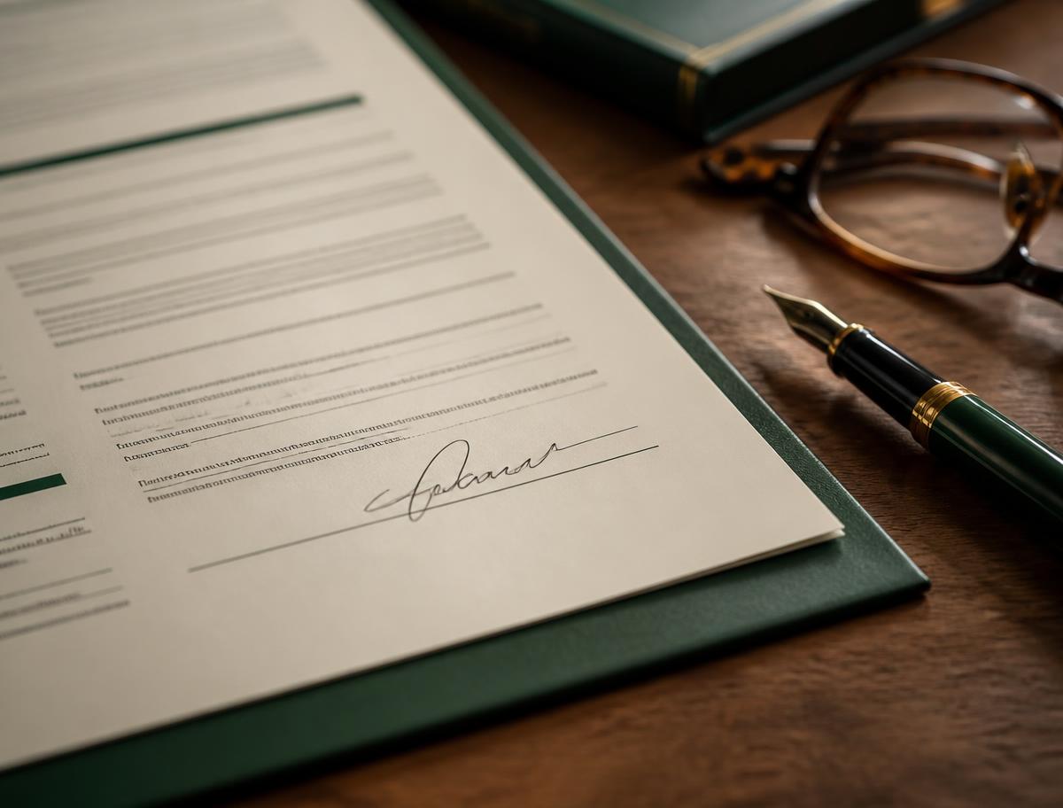 A signed commercial loan term sheet on a desk with a fountain pen